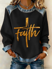 Women's Faith Cross Art Denim Patchwork Top