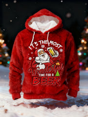 Men's Funny Christmas It‘s The Most Wonderful Time For A Beer Santa Claus Print Casual Flannel Hoodie