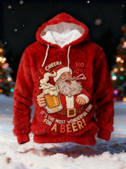 Men's Funny Christmas It‘s The Most Wonderful Time For A Beer Santa Claus Print Casual Flannel Hoodie