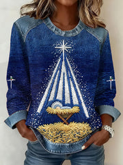 Women's Christian Nativity Scene Denim Patchwork Top