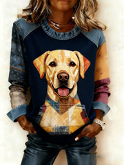 Women's Art Dog Denim Patchwork Sweatshirt