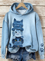Women's Denim Patchwork Art Cat Pattern Hoodie