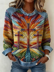 Women's Faith Cross Art Denim Patchwork Top