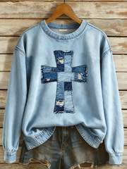 Women's Denim Patchwork Art Cross Pattern Sweatshirt