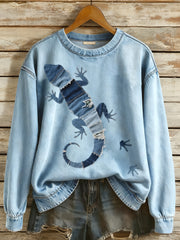 Women's Denim Patchwork Lizard Pattern Sweatshirt