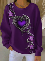 Women's Vintage Purple Floral Art Print Ribbed Round-Neck Sweatshirt
