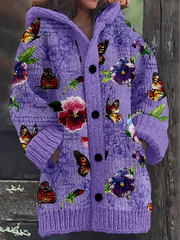 Women's Retro Purple Printed Composite Fleece Long Coat