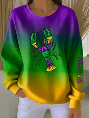 Women's Mardi Gras Crawfish Print Ribbed Round-Neck Sweatshirt