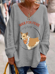Women's Walk For Peace Printed V-Neck Casual Long Sleeve Shirt