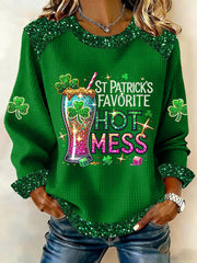 Women's St. Patrick's Favorite Hot Mess Shamrock Waffle Patchwork Top