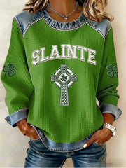 Women's St. Patrick's Day Sláinte Celtic Knot Shamrock Print Waffle Patchwork Top