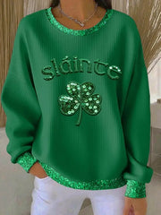 Women's St. Patrick's Day Sláinte Shamrock Ribbed Round-Neck Sweatshirt