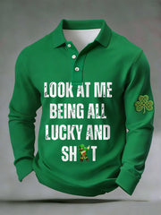 Men's Funny St. Patrick's Day Look At Me Being All Lucky And Shit Shamrock Print Casual Long-Sleeve Top