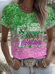 Women's St. Patrick's Favorite Hot Mess Print Round Neck Short Sleeve T-shirt