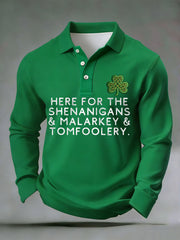 Men's Funny St. Patrick's Day Here For The Shenanigans Malarkey Tomfoolery Shamrock Print Casual Long-Sleeve Top