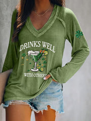 Women's St. Patrick's Day Drinks Well With Others Print V-Neck T-Shirt