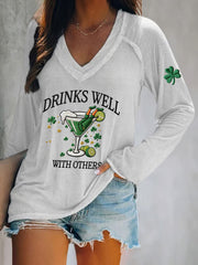 Women's St. Patrick's Day Drinks Well With Others Print V-Neck T-Shirt