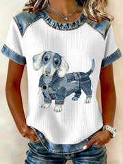 Women's Lovely Dachshund Pattern Denim Patchwork Top