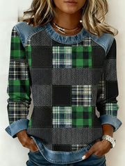 Women's St. Patrick's Day Tartan Patchwork Printed Denim Patchwork Top