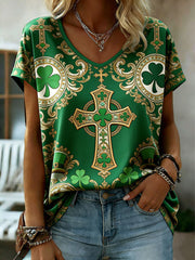 Women's St. Patrick's Day Printed V-neck T-shirt