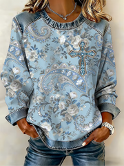 Women's Faith Art Printed Denim Patchwork Top