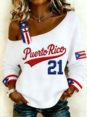 Women's Puerto Rico Baseball Print Casual Waffle Off-Shoulder Top