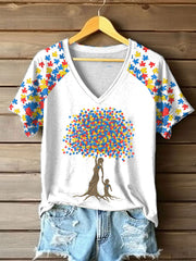 Women's Autism Awareness V-neck off-shoulder short-sleeved T-shirt
