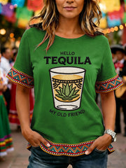Women's Funny HELLO TEQUILA MY OLD FRIEND Cinco De Mayo Print Casual Ruffle Sleeve Tee