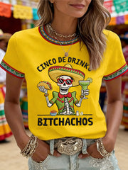 Women's Funny Cinco De Drinko Bitchachos Skeleton Print Casual Tee