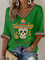 Women's Viva La Fiesta! Skeleton Print Casual Waffle Top