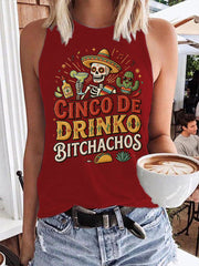 Women's Funny Cinco De Drinko Bitchachos Skeleton Print Casual Vest