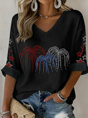 Women's Fireworks Rhinestone Pattern V-neck Top