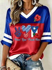 Women's Puerto Rico Printed Mid-length Sleeves V-Neck T-Shirt