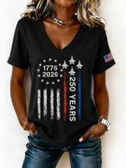 Women’s Usa Anniversary Flag Print V-Neck Short Sleeve T-shirt