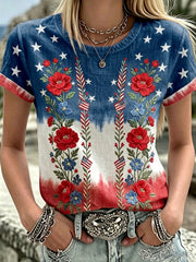 Women's Independence Day Flag & Floral Pattern Casual Linen Top