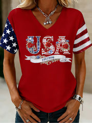 Women's America Floral Printed V-neck T-shirt