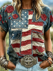 Women's Retro Independence Day Faith Cross With Rose Flag Patchwork Top