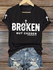 Women's Christian Cross Broken But Chosen Print V-Neck Tee