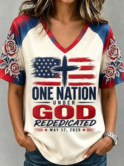 Women's Independence Day One Nation Under God Print V-Neck Tee
