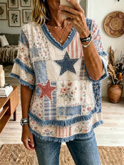 Women's American Patchwork Printed Cotton-Linen Shirt