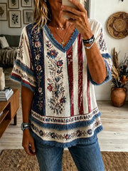 Women's America Floral Printed Casual Tassel Top