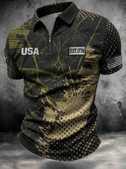 Men's Patriotic Retro Art Print Zip Up Short Sleeve Top