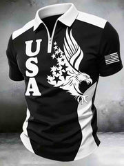 Men's Patriotic Retro Art Print Zip Up Short Sleeve Top