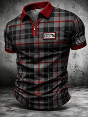 Men's Patriotic Retro Art Print Zip Up Short Sleeve Top