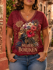 Women's Puerto Rico Taino Art Printed Linen T-shirt