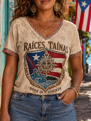 Women's Puerto Rico Taino Art Printed Linen T-shirt