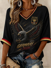 Women's Germany Football Printed Mid-length Sleeves V-neck T-shirt