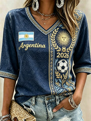 Women's Argentina 2026 Football & Flag Ethnic Print Mid-length Sleeves V-Neck T-Shirt