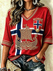 Women's Norway Football Viking Ship Celtic Knot Flag Colorblock Print Mid-length Sleeves V-Neck T-Shirt