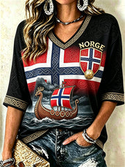 Women's Norway Football Viking Ship Celtic Knot Flag Gradient Print Mid-length Sleeves V-Neck T-Shirt